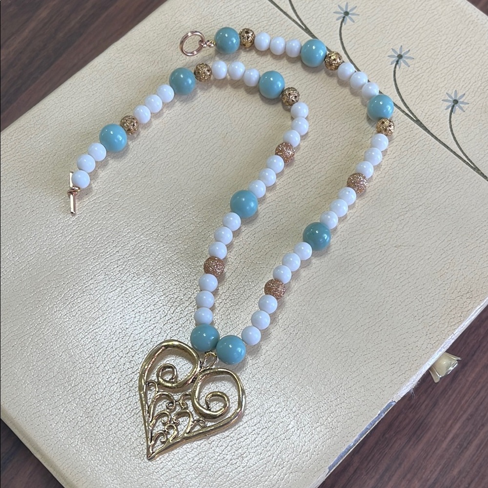 Handcrafted Sea-foam Green & White Beaded Gold Accents Heart Pendant Necklace